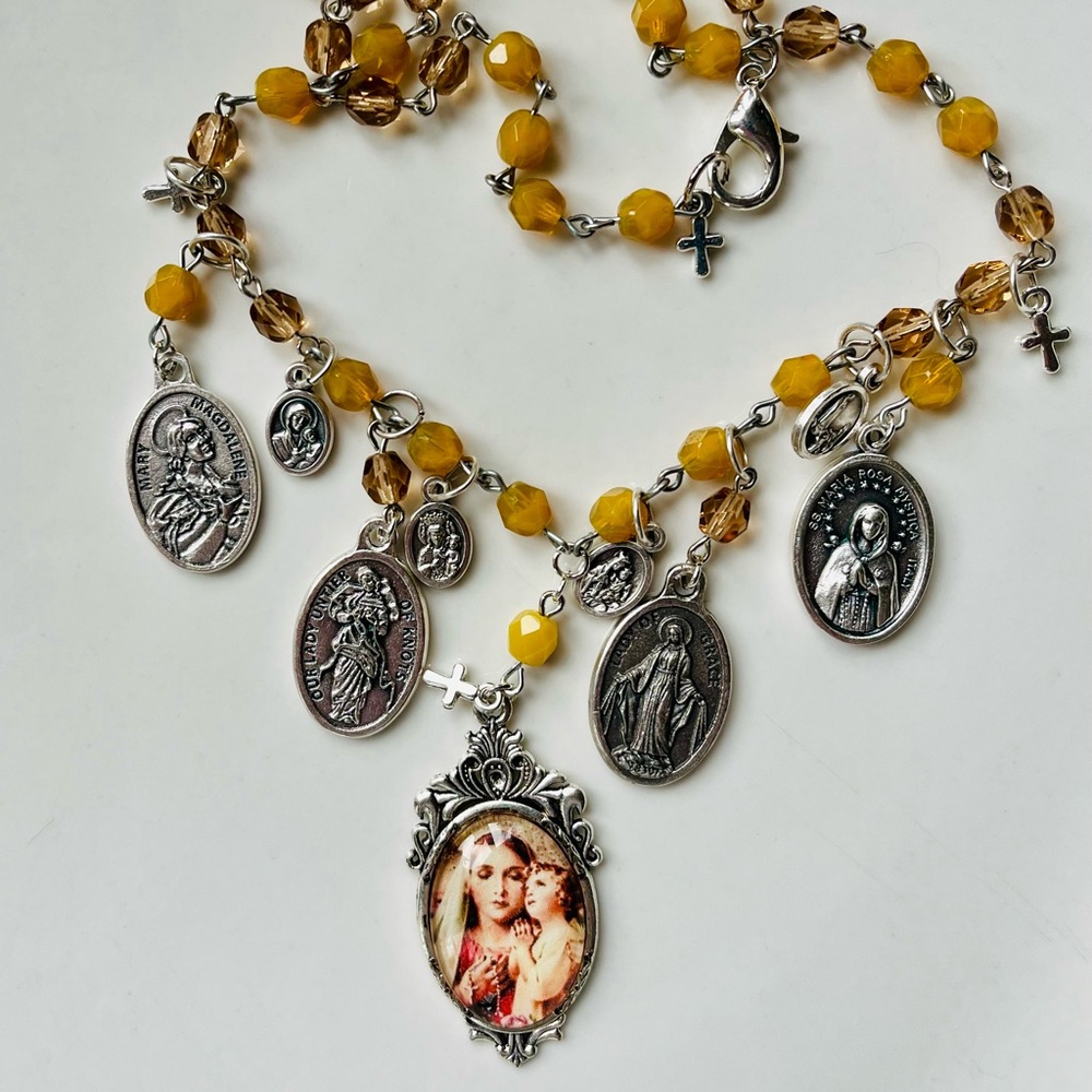 Mary & Jesus Vintage Image Medals Choker Citrine & Topaz Austrian Crystals - Picture 2 of 16